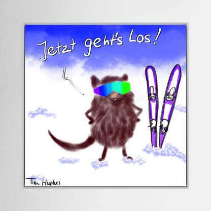 Jetzt Geht's Los by Tim Hupkes in a grey frame, a playful snowy scene of a furry animal wearing ski goggles beside its skis