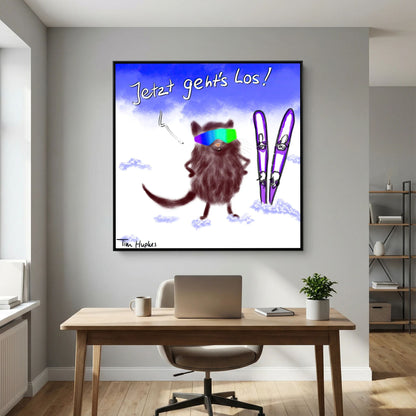 Jetzt Geht's Los by Tim Hupkes with its goggled furry creature and purple skis, black framed above a desk in a home office