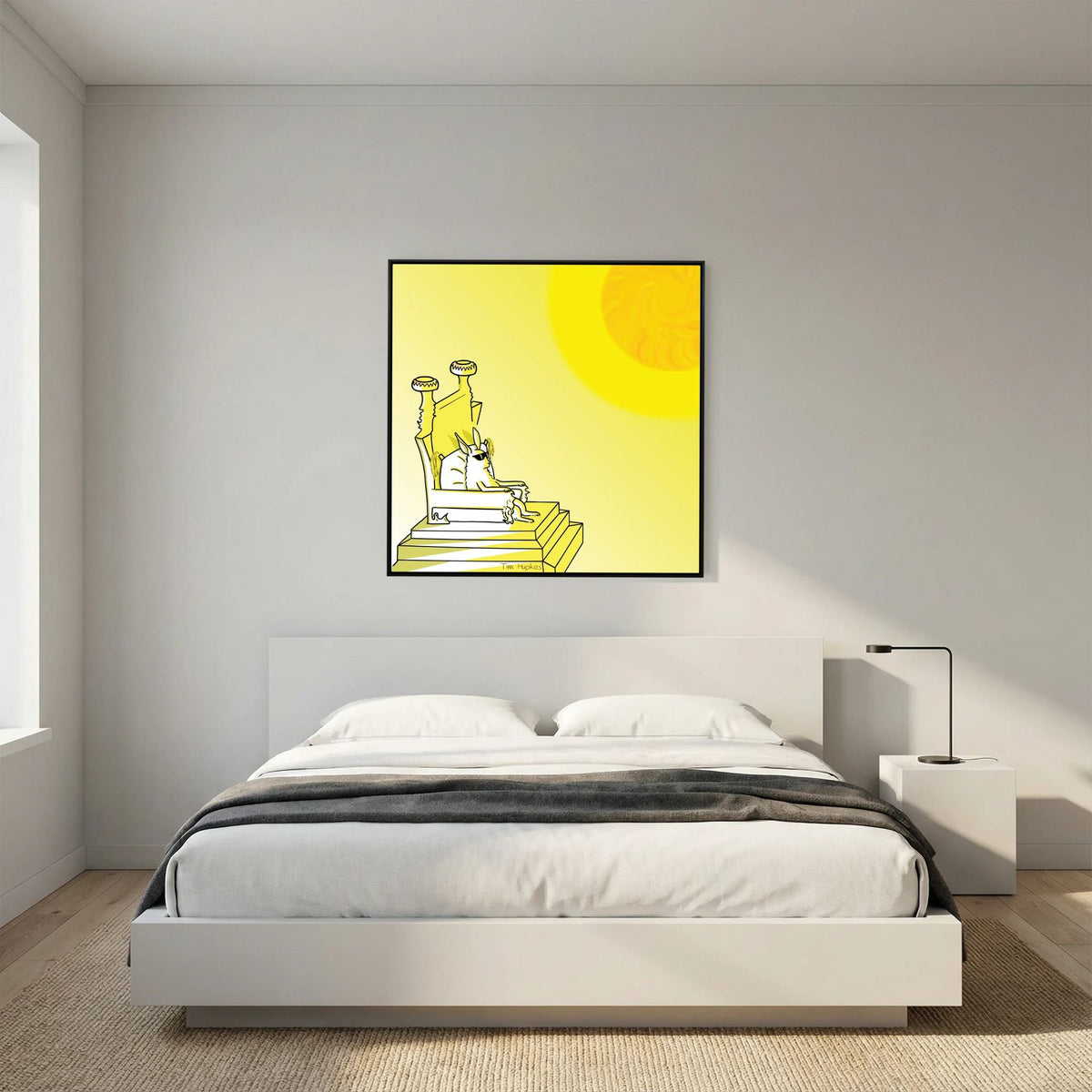 Royal canvas print in a black frame above a white bed in a bedroom