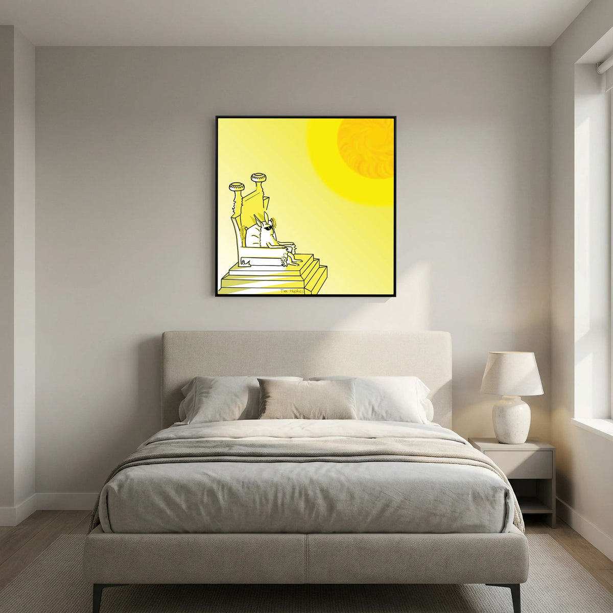 Royal by Tim Hupkes canvas print in a black frame hanging above a bed with grey bedding and a white table lamp