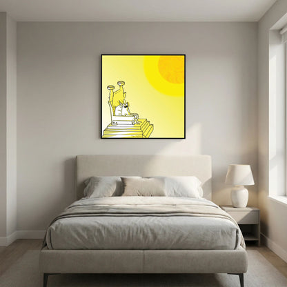 Royal by Tim Hupkes canvas print in a black frame hanging above a bed with grey bedding and a white table lamp