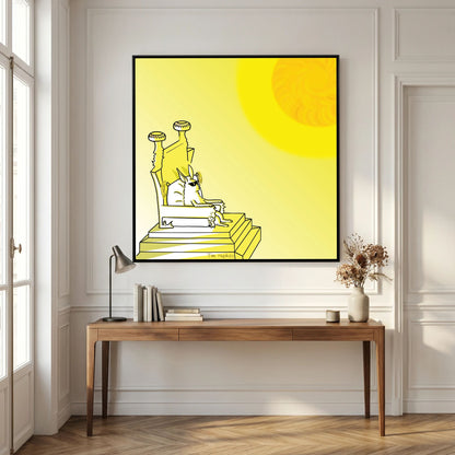 Royal by Tim Hupkes in a black frame hanging above a wooden console desk with lamp and books in a panelled room