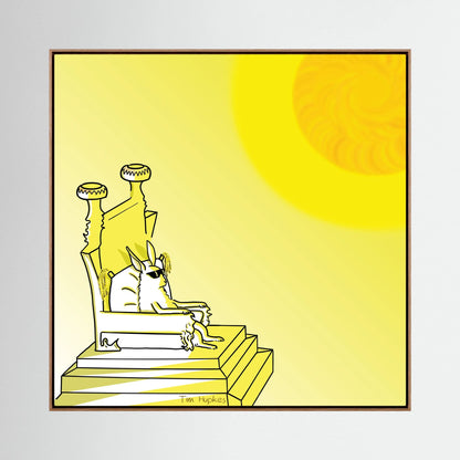 Royal by Tim Hupkes canvas print showing a rabbit in sunglasses seated on a yellow throne beneath the sun, in a natural oak frame