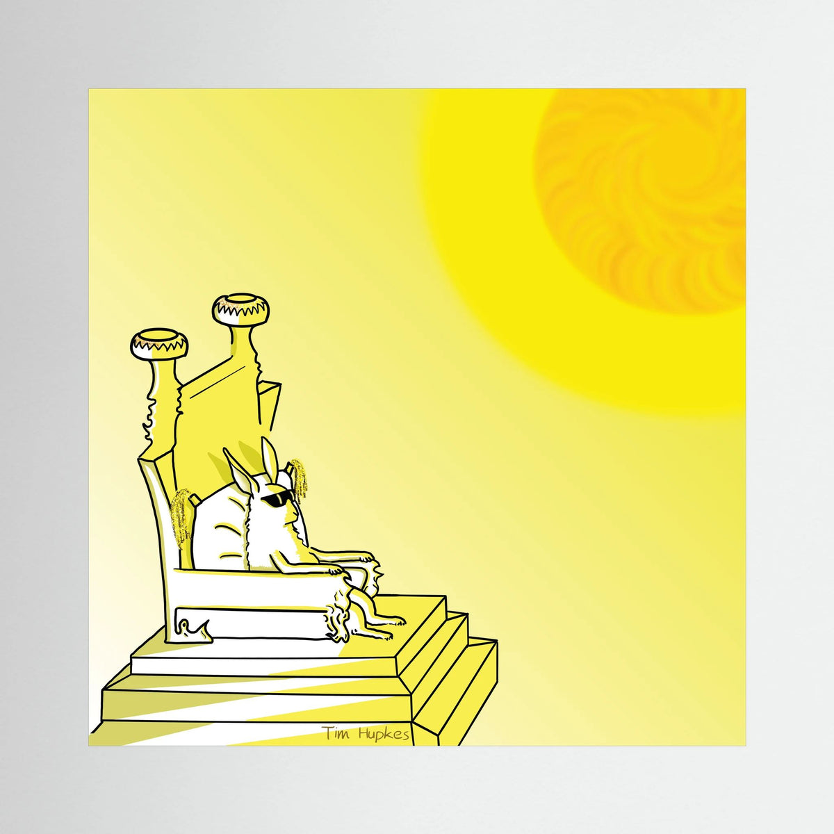Unframed Royal by Tim Hupkes canvas print of a rabbit lounging on a yellow throne with an orange sun overhead