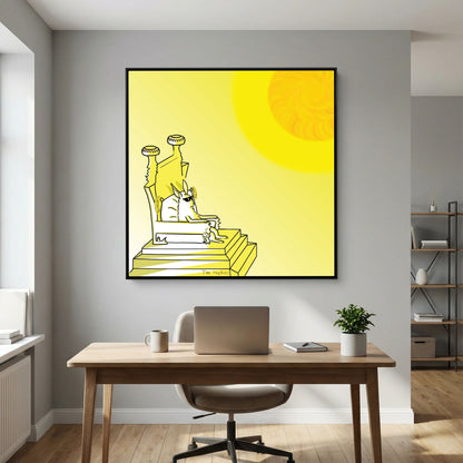 Black-framed Royal by Tim Hupkes print of a throned rabbit hanging above a wooden desk with a laptop in a home office