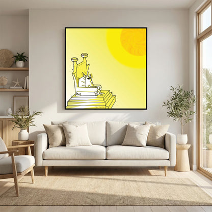 Black-framed Royal by Tim Hupkes canvas print of a rabbit on a throne hanging above a cream sofa in a bright living room