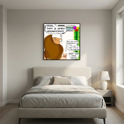 Faux Pas lion and cactus cartoon by Tim Hupkes in a black frame above an upholstered bed in a grey bedroom