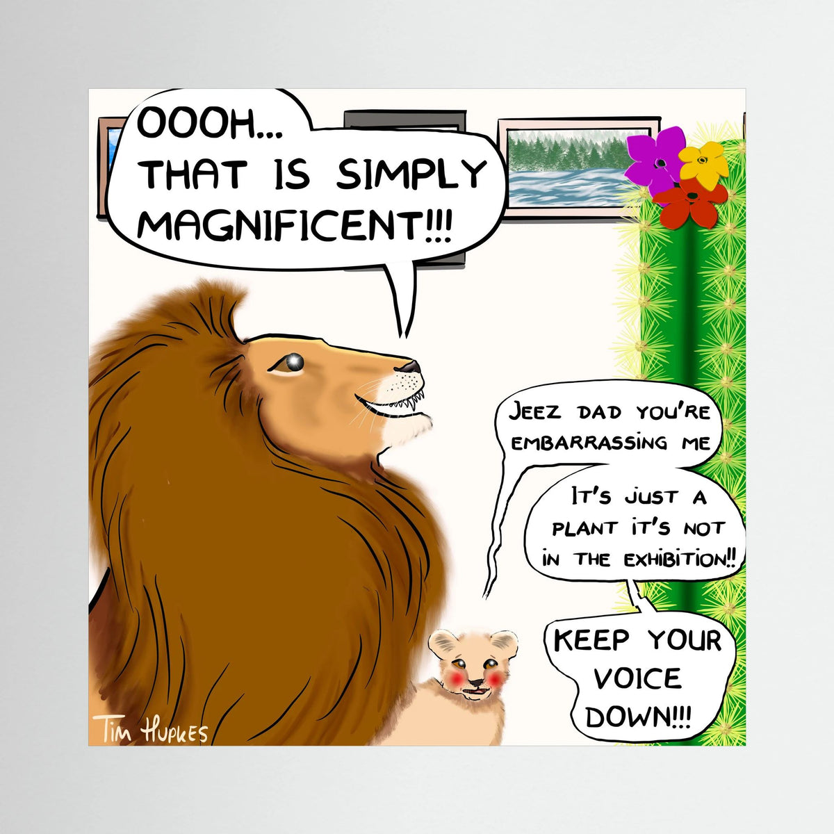 Unframed Faux Pas by Tim Hupkes canvas print showing a proud lion, a blushing cub and a cactus with colourful flowers