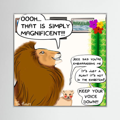 Faux Pas by Tim Hupkes comic artwork of a lion mistaking a cactus for an exhibit, presented in a white frame