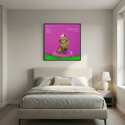 The King canvas print in a black frame above a beige bed with grey bedding in a bedroom