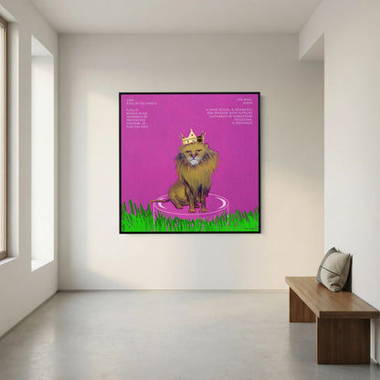 The King canvas print in a black frame on a white wall above a wooden bench in an empty hall