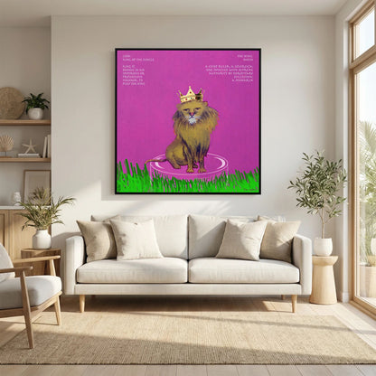 The King canvas print in a black frame above a light grey sofa in a bright living room