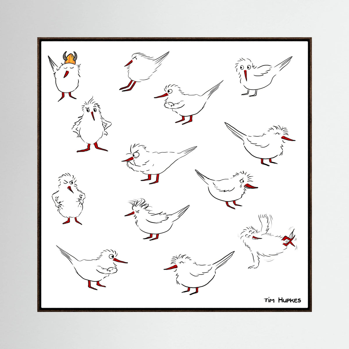 Blackburn & Haptoe - everyday heroes by Tim Hupkes in a dark oak frame, showing twelve white birds with red beaks on a white background