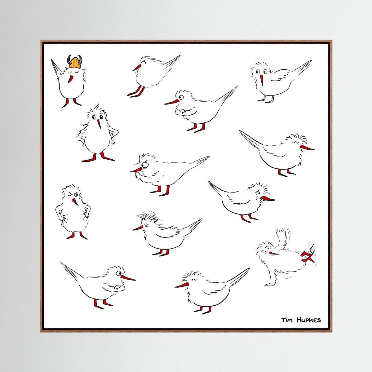 Blackburn & Haptoe - everyday heroes by Tim Hupkes canvas print in a natural oak frame, showing a flock of white birds with red legs