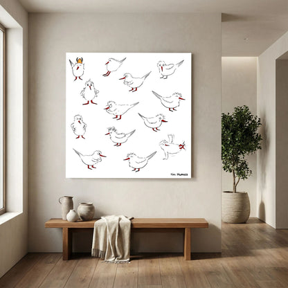 Unframed Blackburn & Haptoe - everyday heroes by Tim Hupkes canvas print hanging above a wooden bench in a bright hallway with a potted tree