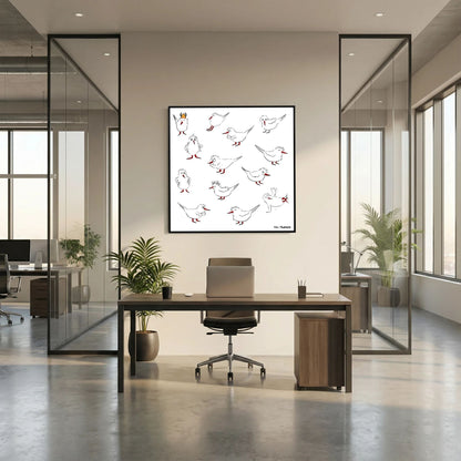 Black-framed Blackburn & Haptoe - everyday heroes by Tim Hupkes behind a desk and office chair in an open-plan glass-walled office