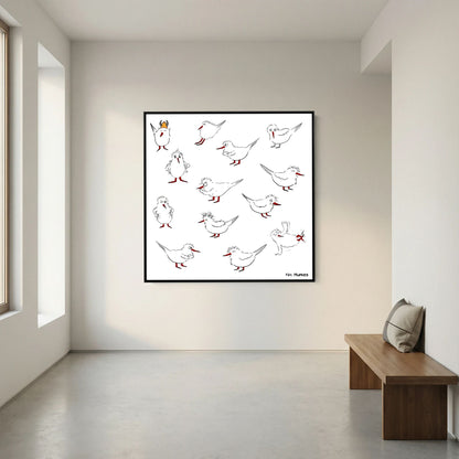 Black-framed Blackburn & Haptoe - everyday heroes by Tim Hupkes on a white wall in a minimal room with a wooden bench and a cushion