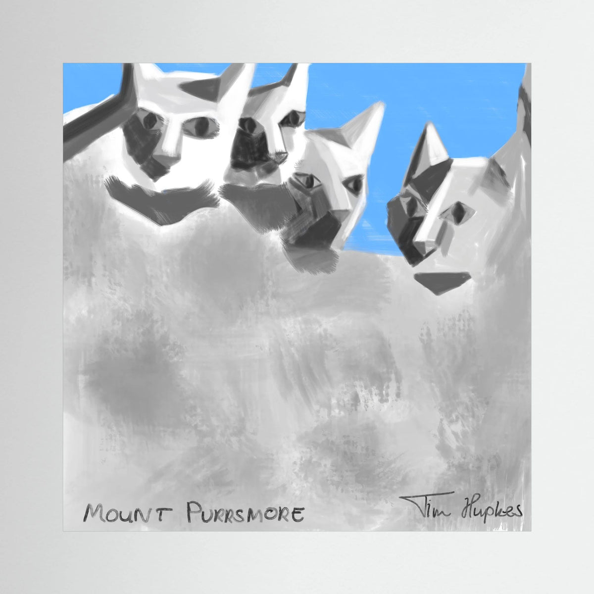 Unframed canvas print Mount Purrsmore by Tim Hupkes, four angular grey cats rising from misty rock against a bright blue sky