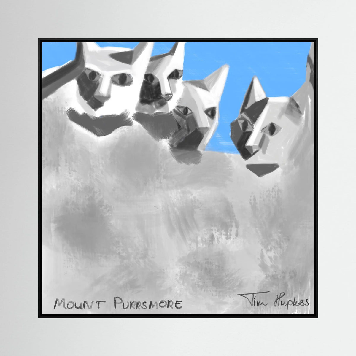 Mount Purrsmore by Tim Hupkes canvas print in a black frame, four geometric cat heads on a soft grey mountain beneath a blue sky