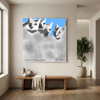 Unframed Mount Purrsmore by Tim Hupkes canvas print hanging above a wooden bench with ceramic jugs and a throw, beside a potted tree