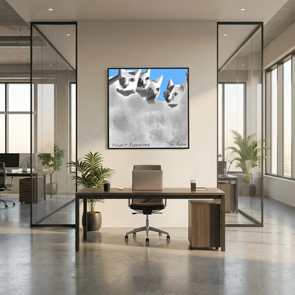 Black-framed Mount Purrsmore by Tim Hupkes canvas print above a desk and office chair in a modern glass-partitioned office