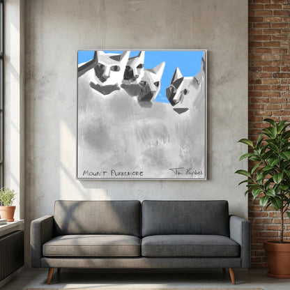 White-framed Mount Purrsmore by Tim Hupkes canvas print on a concrete wall above a grey sofa, next to a brick wall and a leafy plant