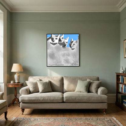 Black-framed Mount Purrsmore by Tim Hupkes canvas print on a sage green wall above a traditional sofa, lamp and bookshelf