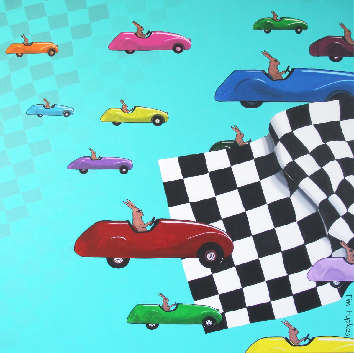 The Race by Tim Hupkes, an unframed artwork of rabbits driving colourful cars past a black and white chequered flag on a turquoise background