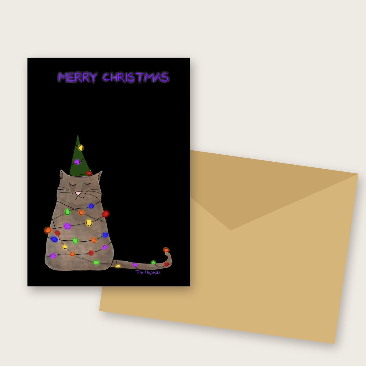 Decorated Christmas Cat greeting card by Tim Hupkes, with envelope