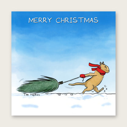 Cat Pulling a Christmas Tree greeting card by Tim Hupkes