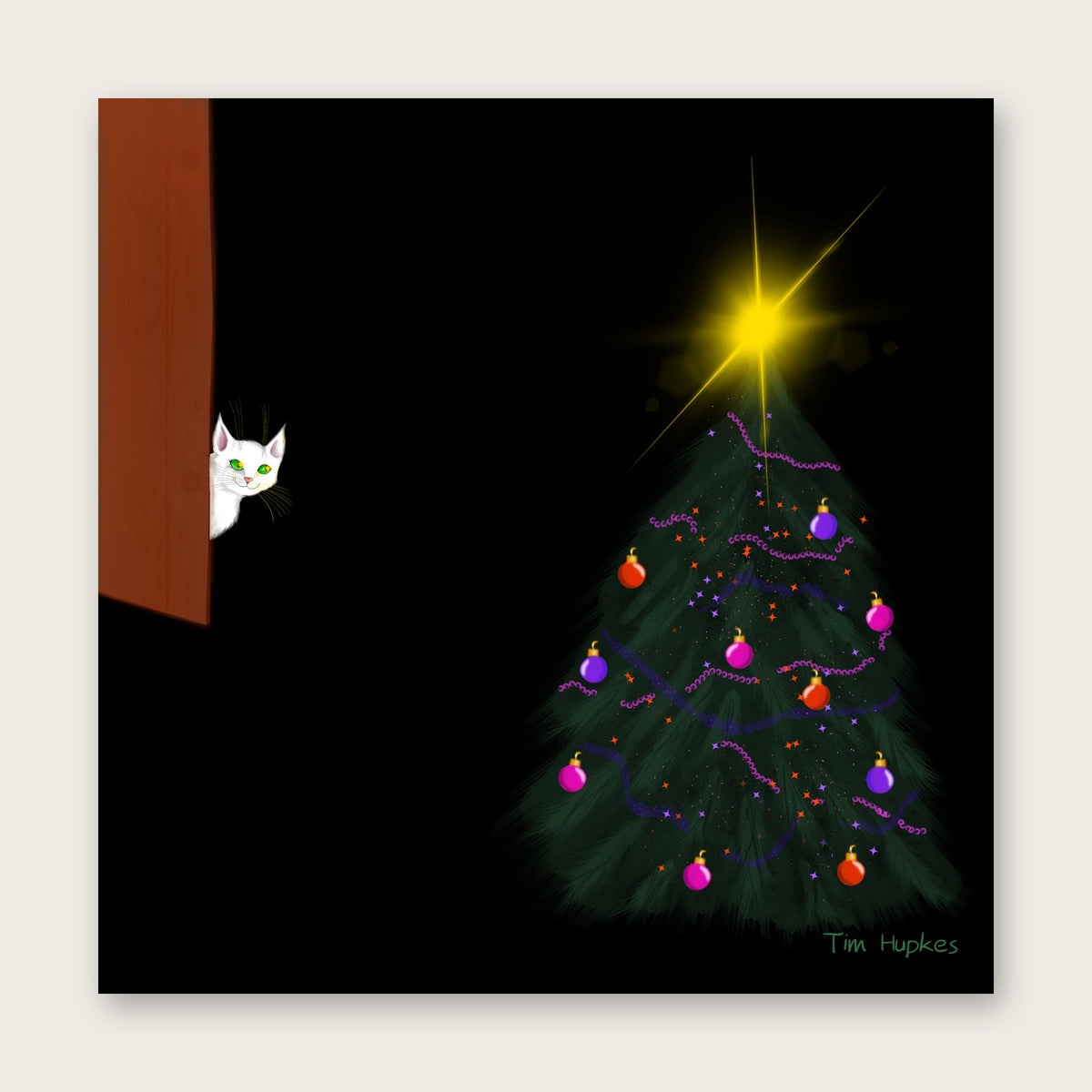 Cat Looking at the Christmas Tree greeting card by Tim Hupkes