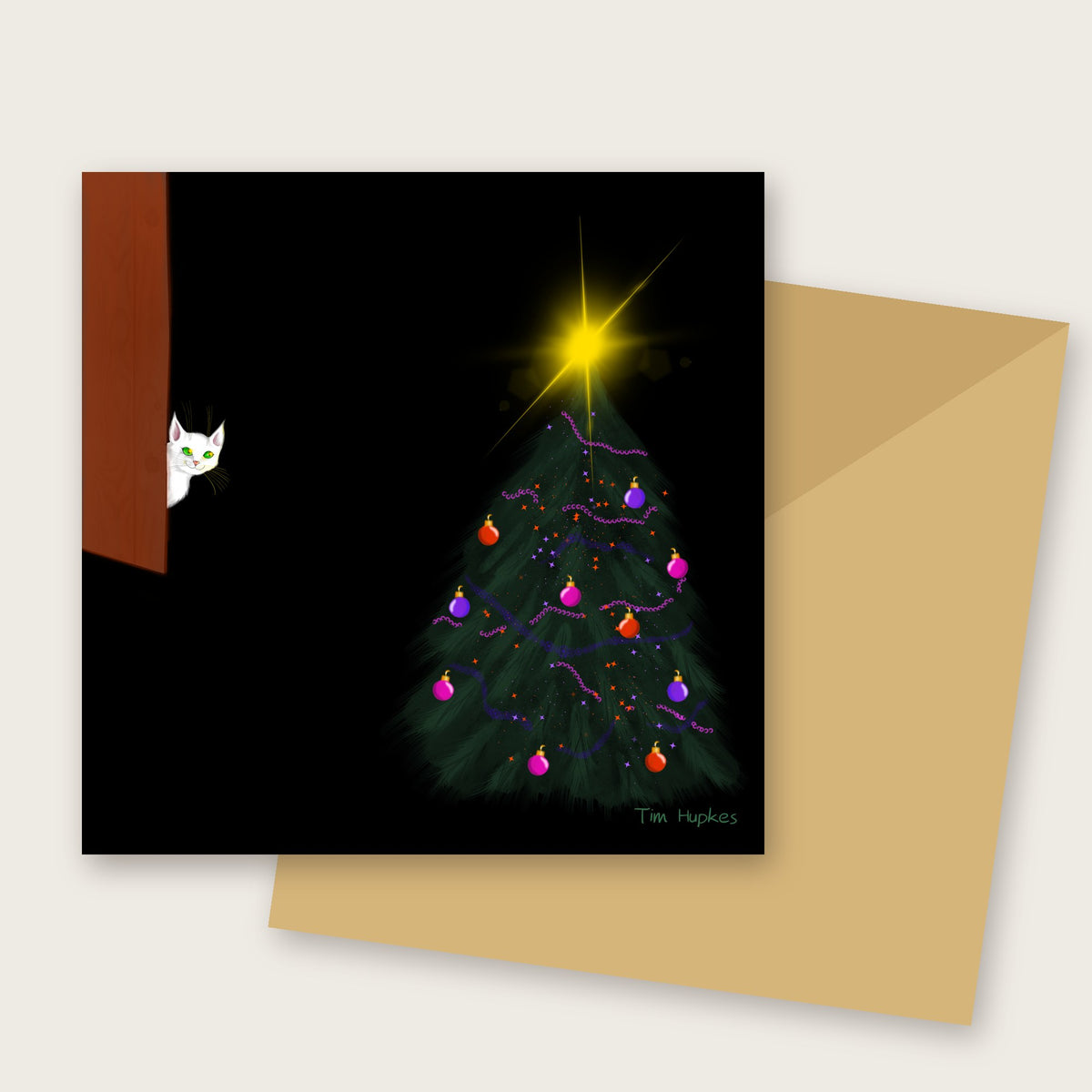Cat Looking at the Christmas Tree greeting card by Tim Hupkes, with envelope