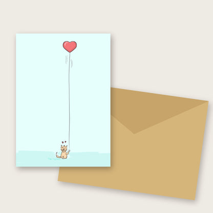 Kitten with a Heart Balloon greeting card by Tim Hupkes, with envelope