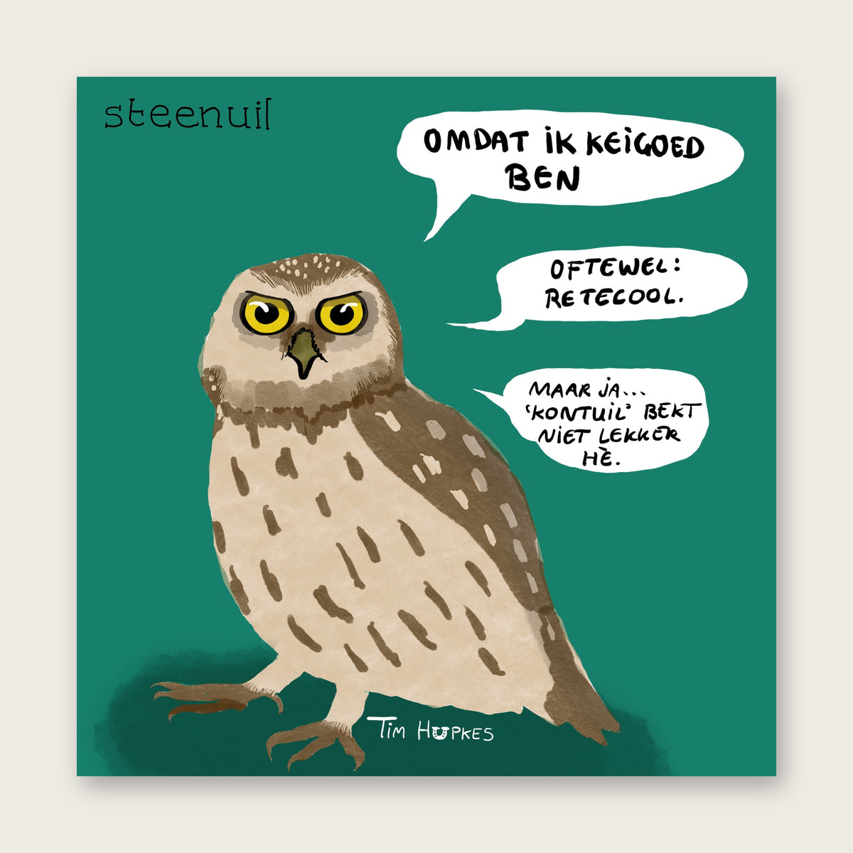 Little Owl greeting card by Tim Hupkes, Dutch version