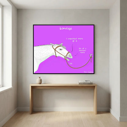 Bondage canvas print in a black frame above a light wooden console table in a hallway