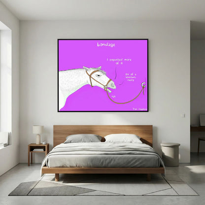 Bondage canvas print in a black frame above a wooden bed in a bedroom