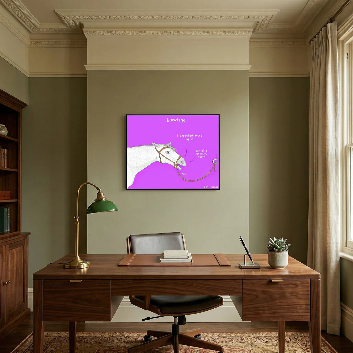 Bondage canvas print in a black frame above a dark wooden desk in a traditional study