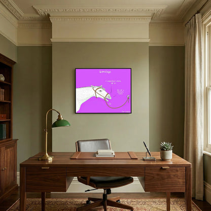 Bondage canvas print in a black frame above a dark wooden desk in a traditional study