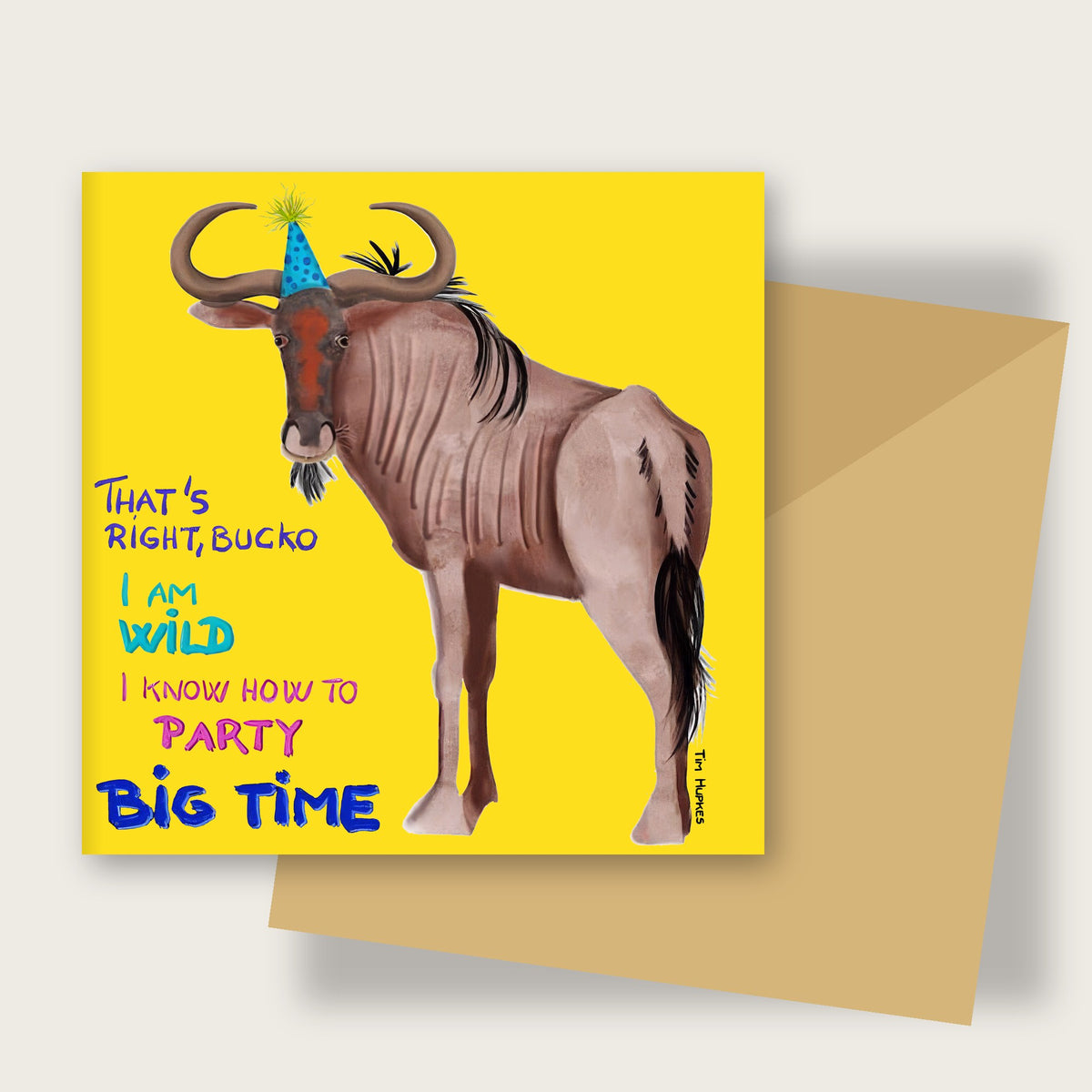 Party Wildebeest greeting card by Tim Hupkes, English version, with envelope