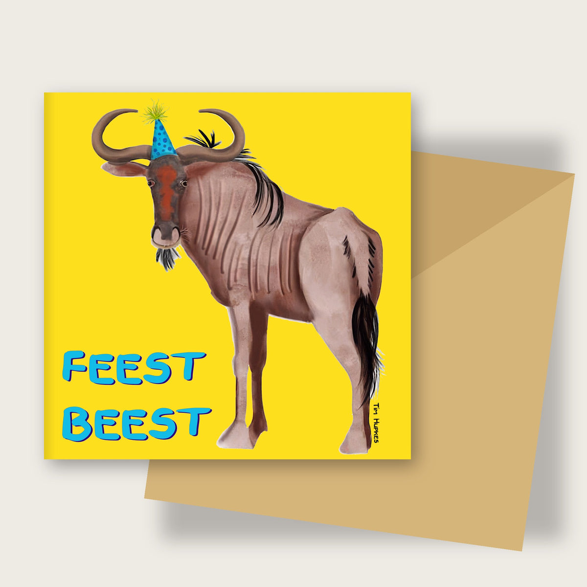 Party Wildebeest greeting card by Tim Hupkes, Dutch version, with envelope