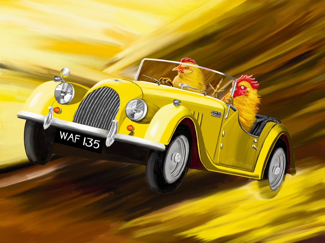 Fearless by Tim Hupkes: two chickens speeding through a yellow blur in a vintage convertible