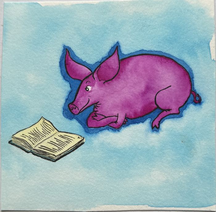 Original watercolour illustration for Children's Book Week 2006: a pink pig reading a book