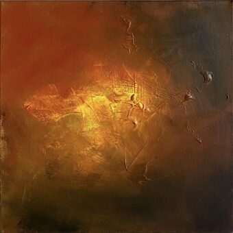 Shining Through, a dramatic abstract painting on 50 x 50 cms. Deep brown, orangy light brown and a golden light, shining through. Acrylics on canvas (schoonheid in kunst)