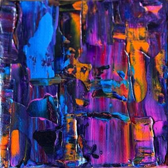 Never Say Goodbye, origineel abstract schilderij van 10 x 10 cm in de kleuren blauw, paars, roze en oranje (2)