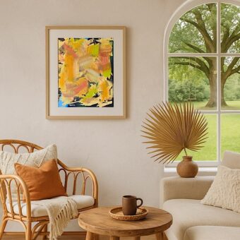 Autumn Dance with light wooden frame in a bohemien interior looking out on the big oak swing