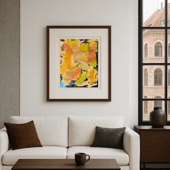 Autumn Dance with dark wooden frame in an interior looking out on the city