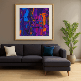 Never Say Goodbye, a colourful art print in purples, blues and oranges in an interior (4)