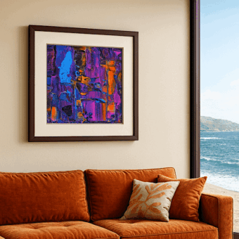 Never Say Goodbye, a colourful art print in purples, blues and oranges in an interior (3)