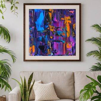 Never Say Goodbye, a colourful art print in purples, blues and oranges in an interior (2)