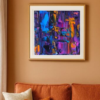 Never Say Goodbye, a colourful art print in purples, blues and oranges in an interior